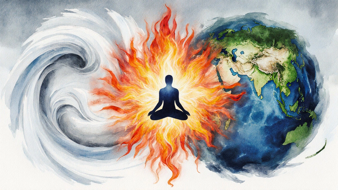 Three elemental doshas—Vata, Pitta, Kapha—flowing around a human silhouette