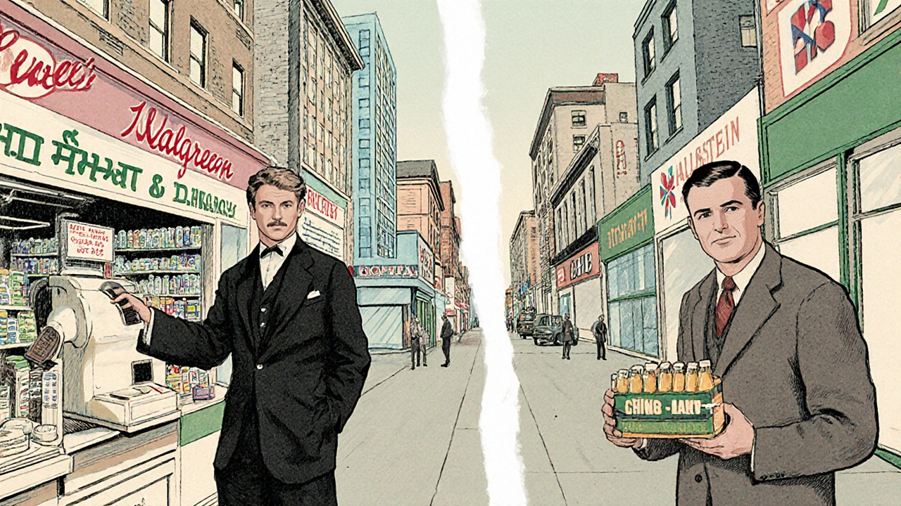 Two 1950s-era founders, Charles Walgreen and Sidney Goldstein, each outside their original stores, separated by modern healthcare symbols.