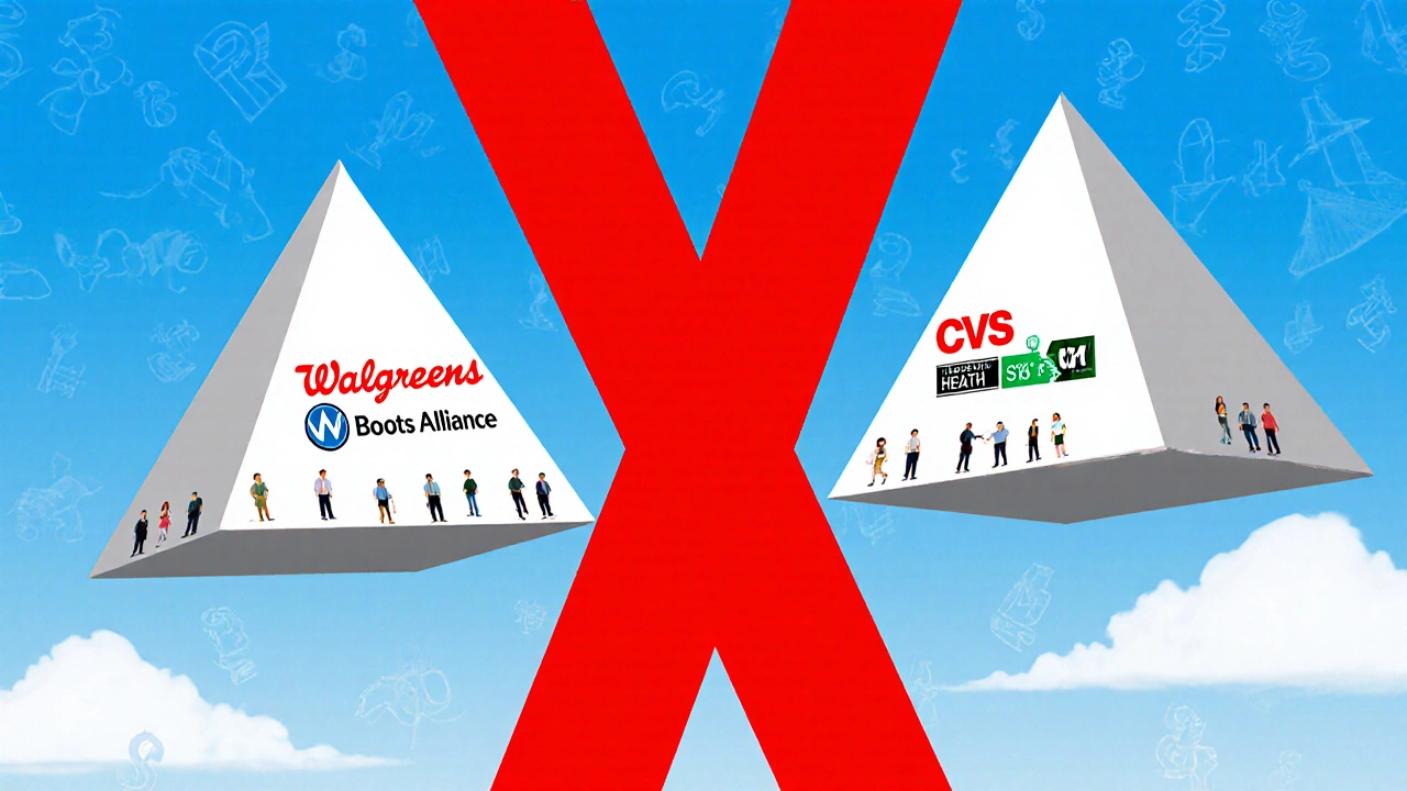 Two corporate pyramids with institutional investors at the base, separated by a red X, symbolizing separate ownership.