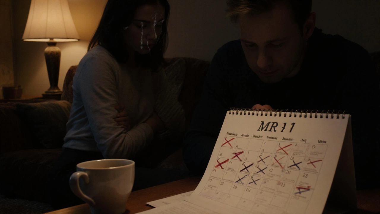 Two people emotionally distant in a living room, one looking away as missed appointments lie visible on a calendar.