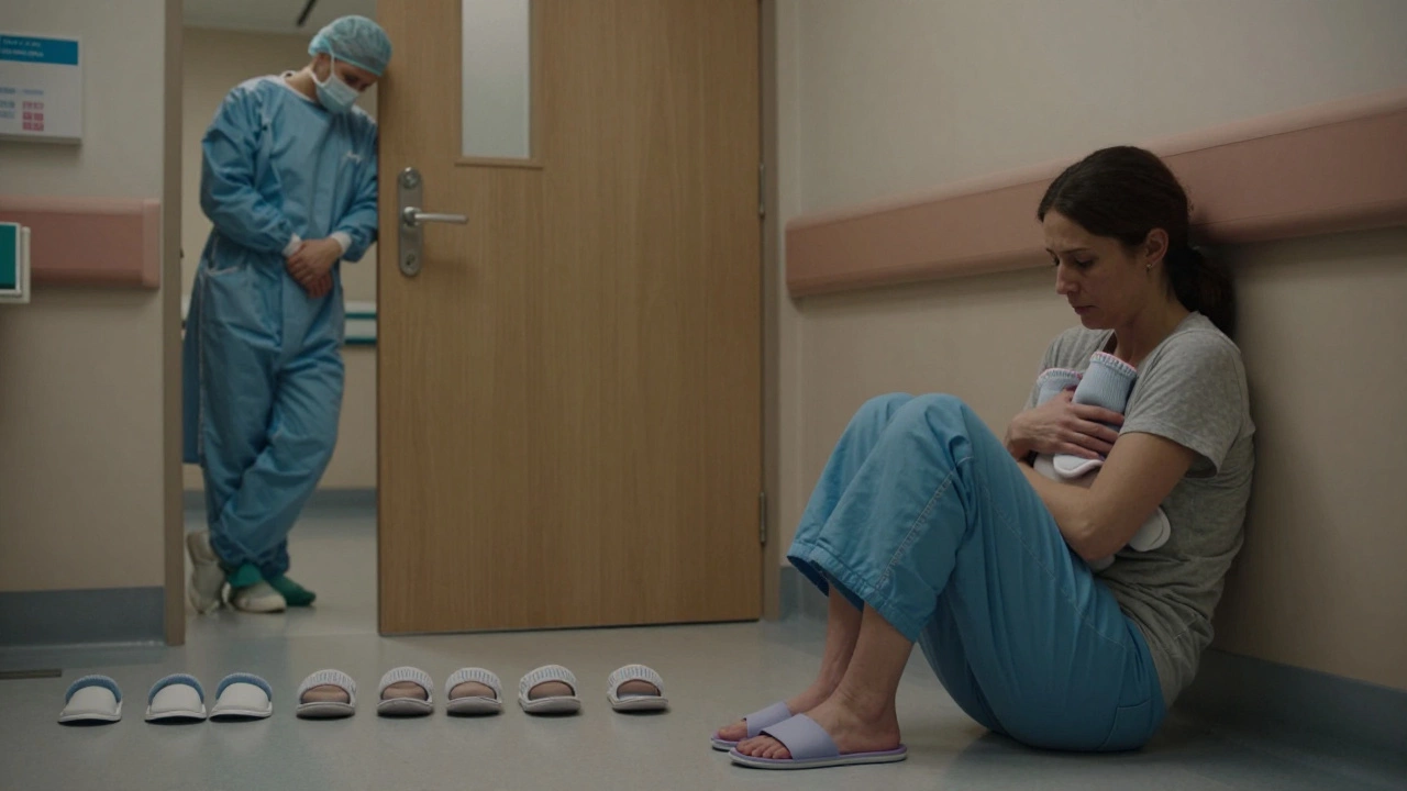 A mother holds a child&#039;s sock in a quiet hospital corridor as a grieving surgeon stands nearby.