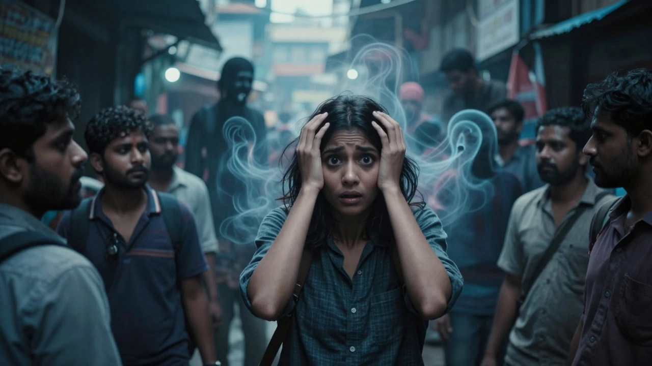 A person in a crowded market surrounded by invisible hallucinations of schizophrenia.