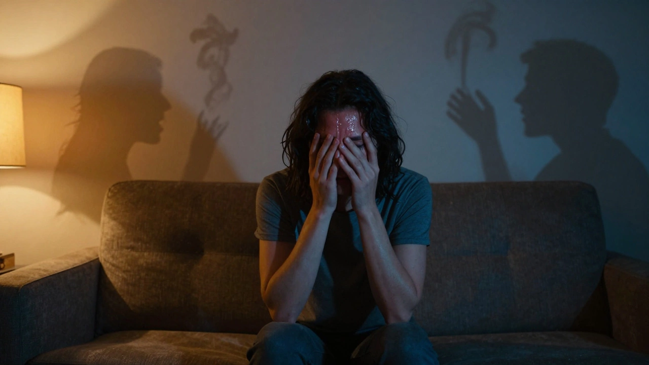 A person sitting calmly but surrounded by shadowy, swirling voices.