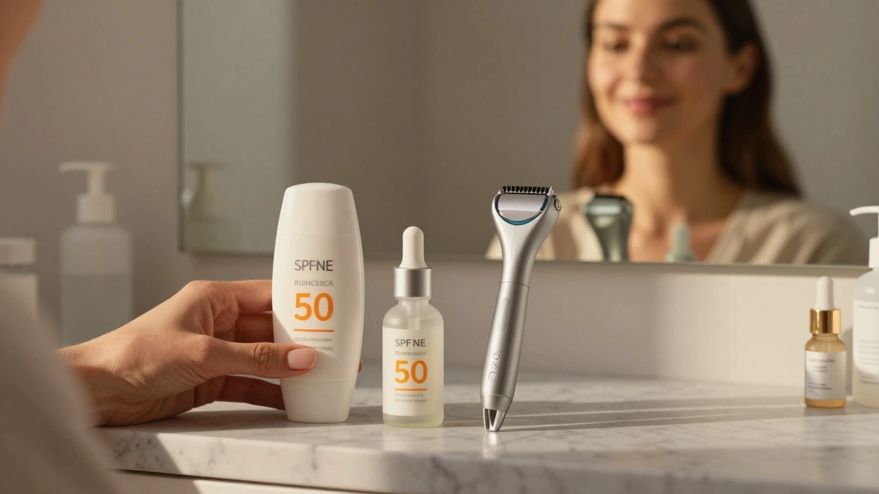 A skincare routine setup with SPF, retinoid, microneedling device, and peel solution on a marble counter.