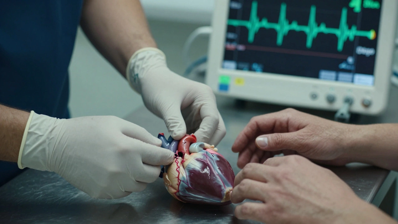 A surgeon stitches a child&#039;s exposed heart while a parent&#039;s hand rests on a monitoring device.