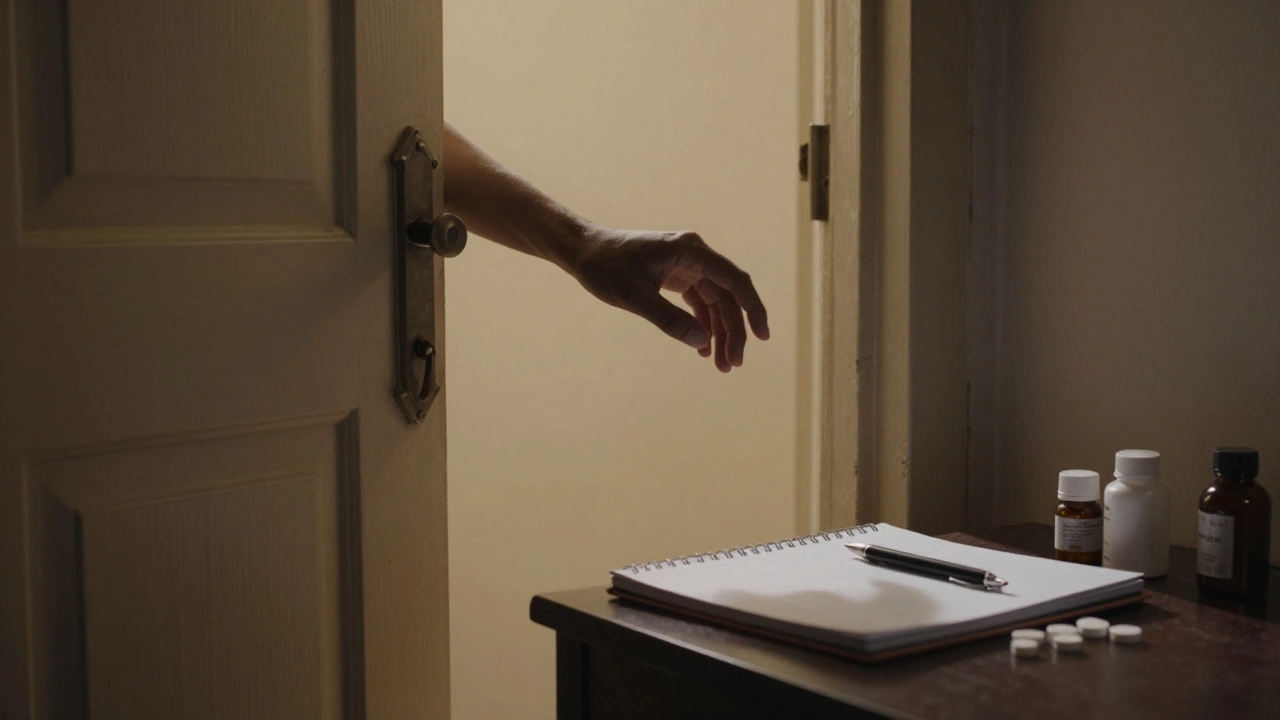 A trembling hand reaching toward therapy supplies behind a closed door.