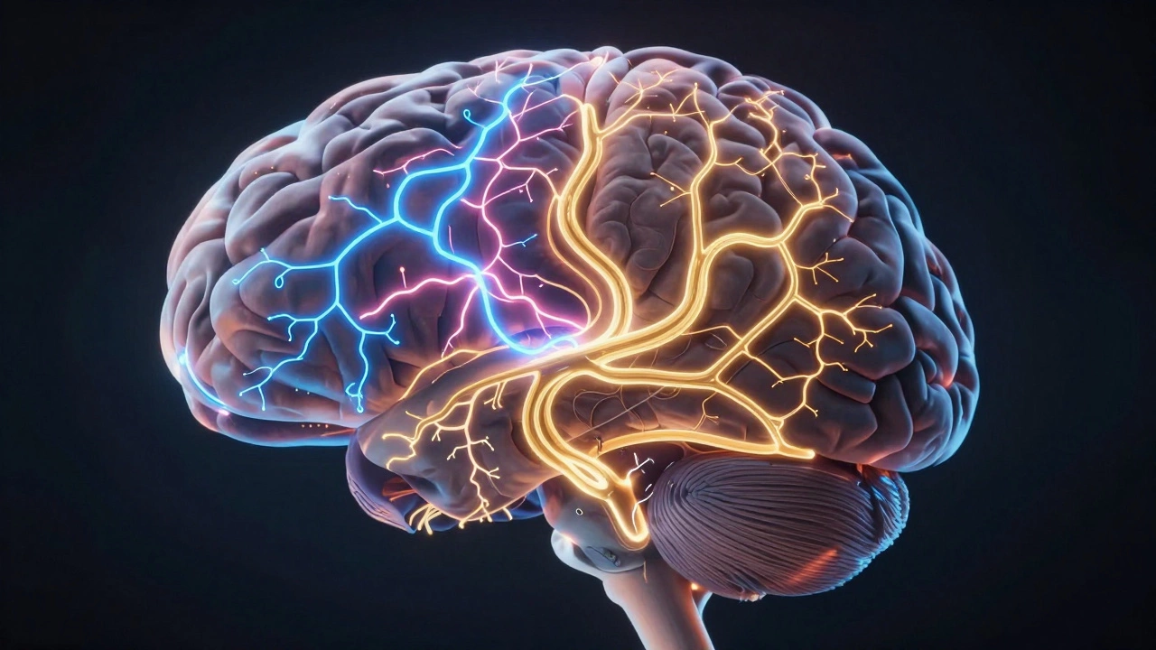 An illuminated brain showing contrasting regions of chaos, darkness, and calm.