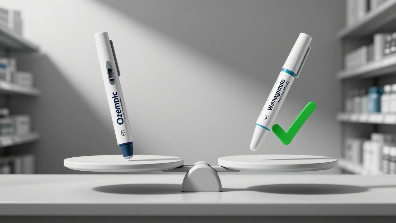 Balance scale comparing expensive Ozempic pen with affordable generic semaglutide pen.