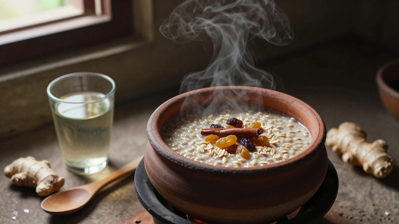 Clay pot of cooked oatmeal simmering with cinnamon and ginger in a traditional kitchen.