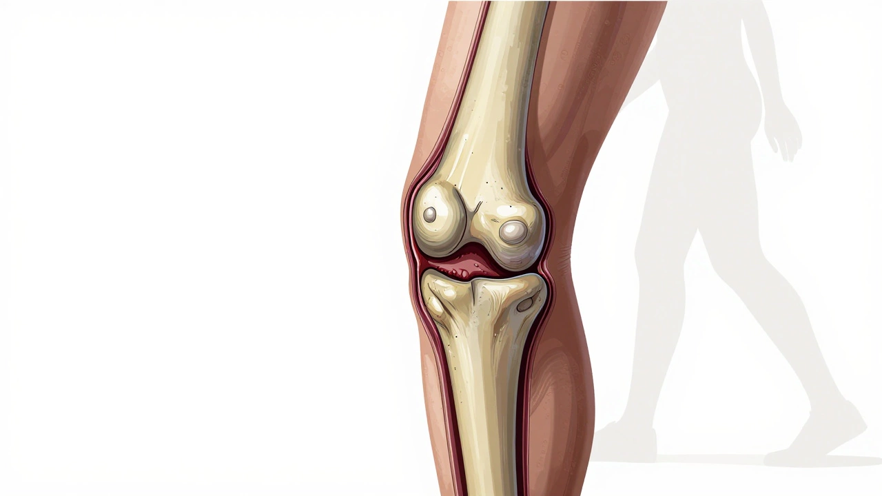 Cross-section of a damaged knee joint with bone grinding on bone.