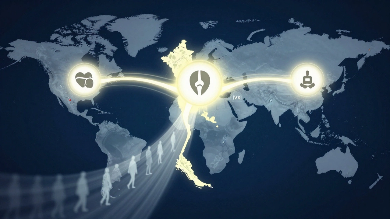Global map with pathways leading to Thailand, symbolizing medical tourism convergence for various treatments.