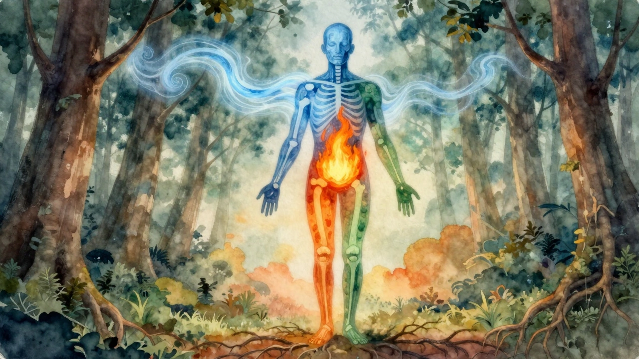 Human silhouette with three elemental energies representing Vata, Pitta, and Kapha.