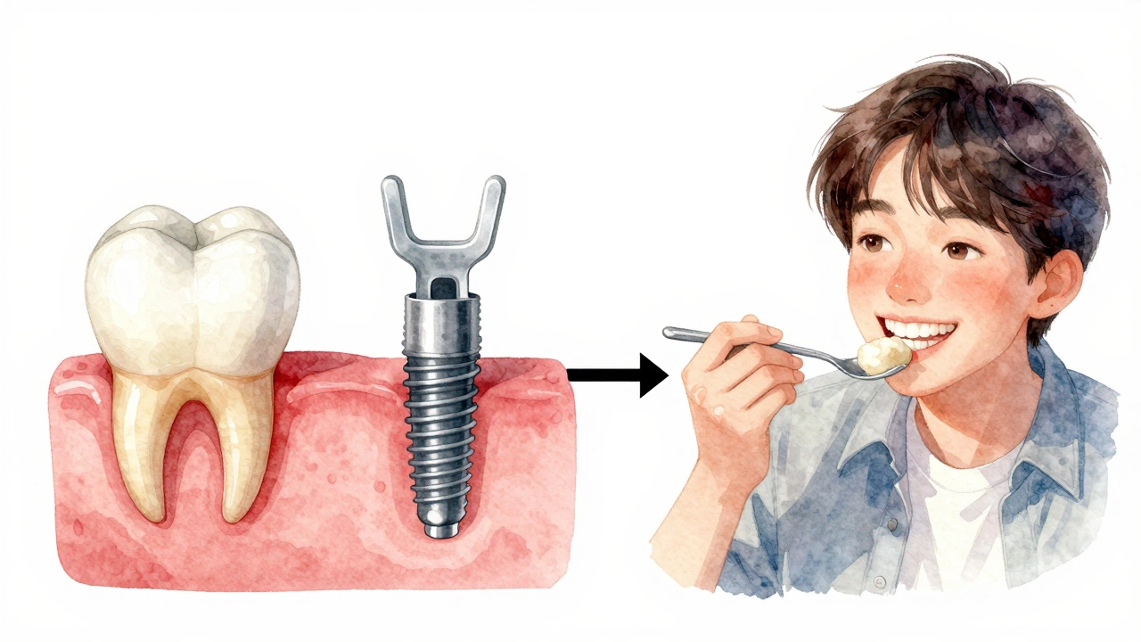 Illustrated timeline showing dental implant placement with immediate temporary teeth.