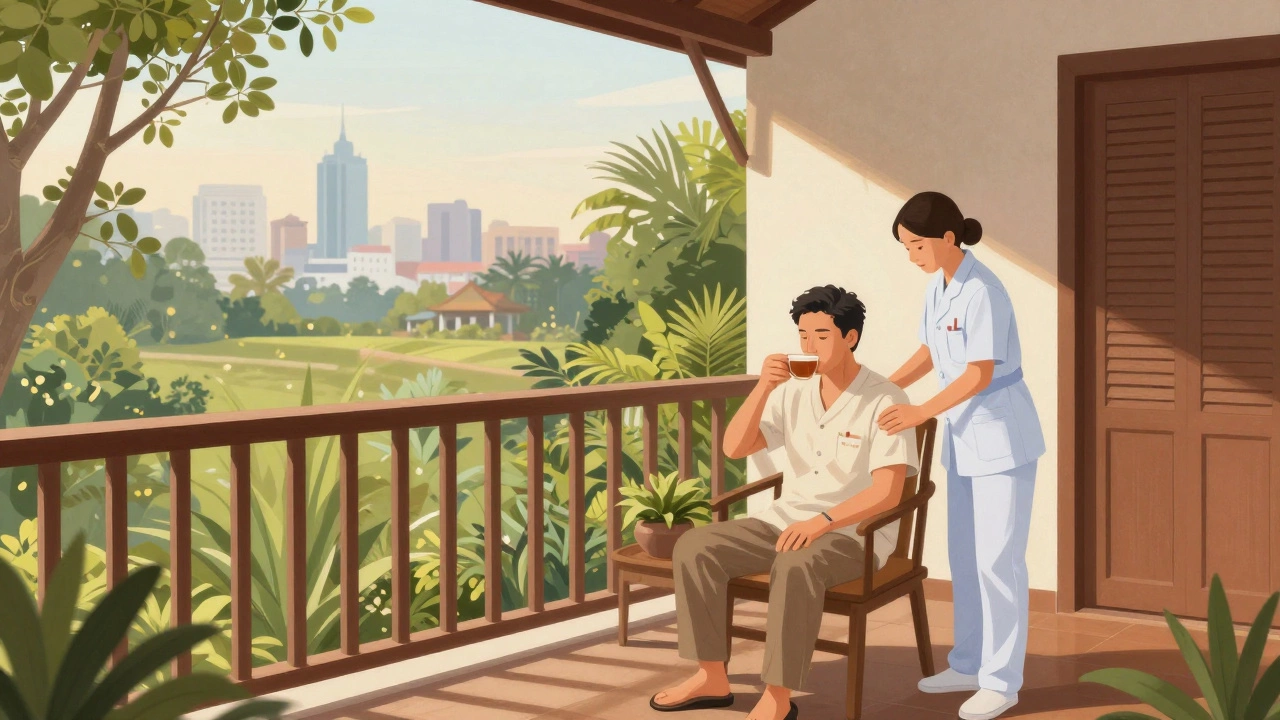 Patient recovering peacefully on a villa balcony in Thailand with a nurse checking vitals nearby.