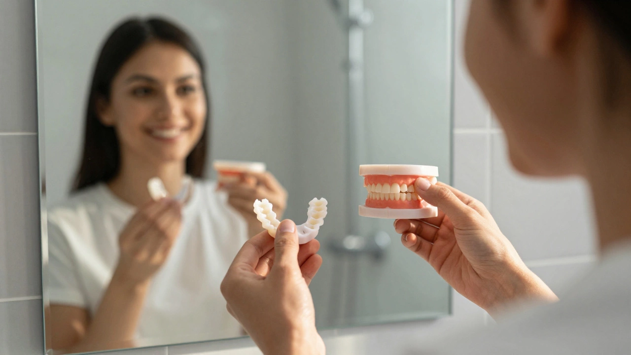 Person holding a removable flipper denture while smiling with temporary teeth in mirror.