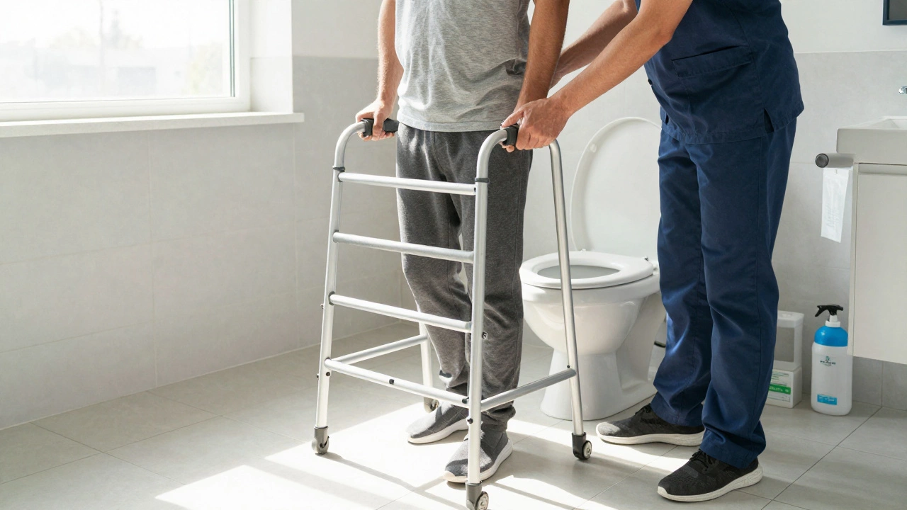 Physical therapist assisting patient with safe bathroom transfer post-knee replacement
