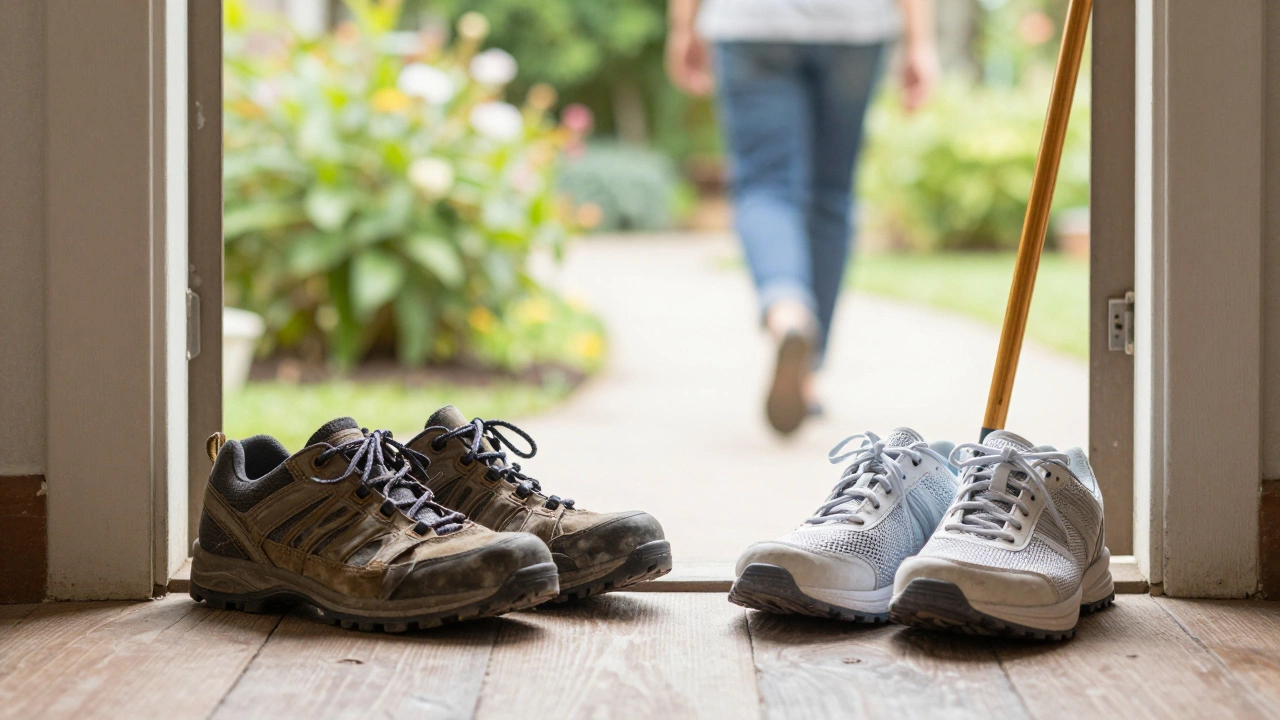 Worn shoes beside new sneakers, symbolizing life after knee replacement.