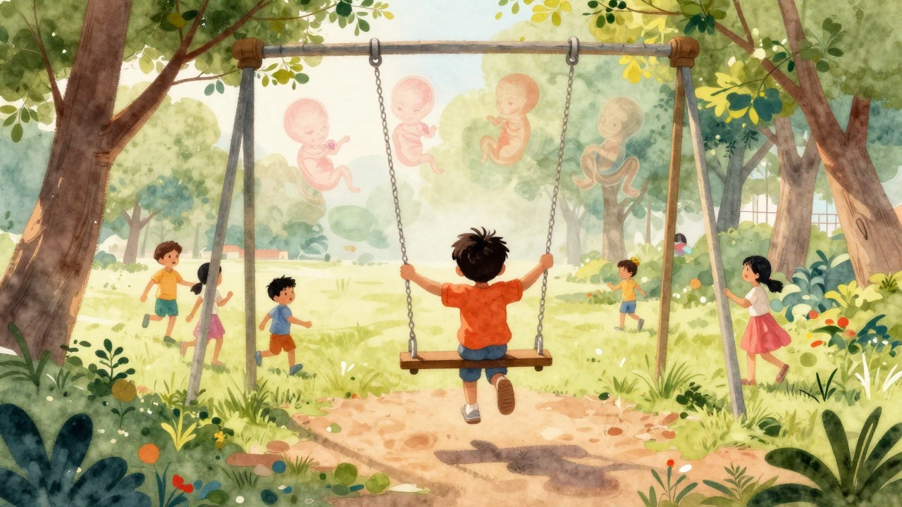 A child plays happily on a swing in a colorful Indian park, surrounded by other children.