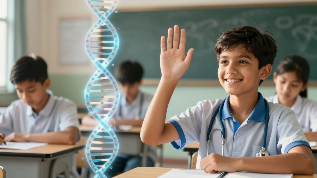 A confident Indian teenager in a classroom raises their hand, glowing symbols of health nearby.