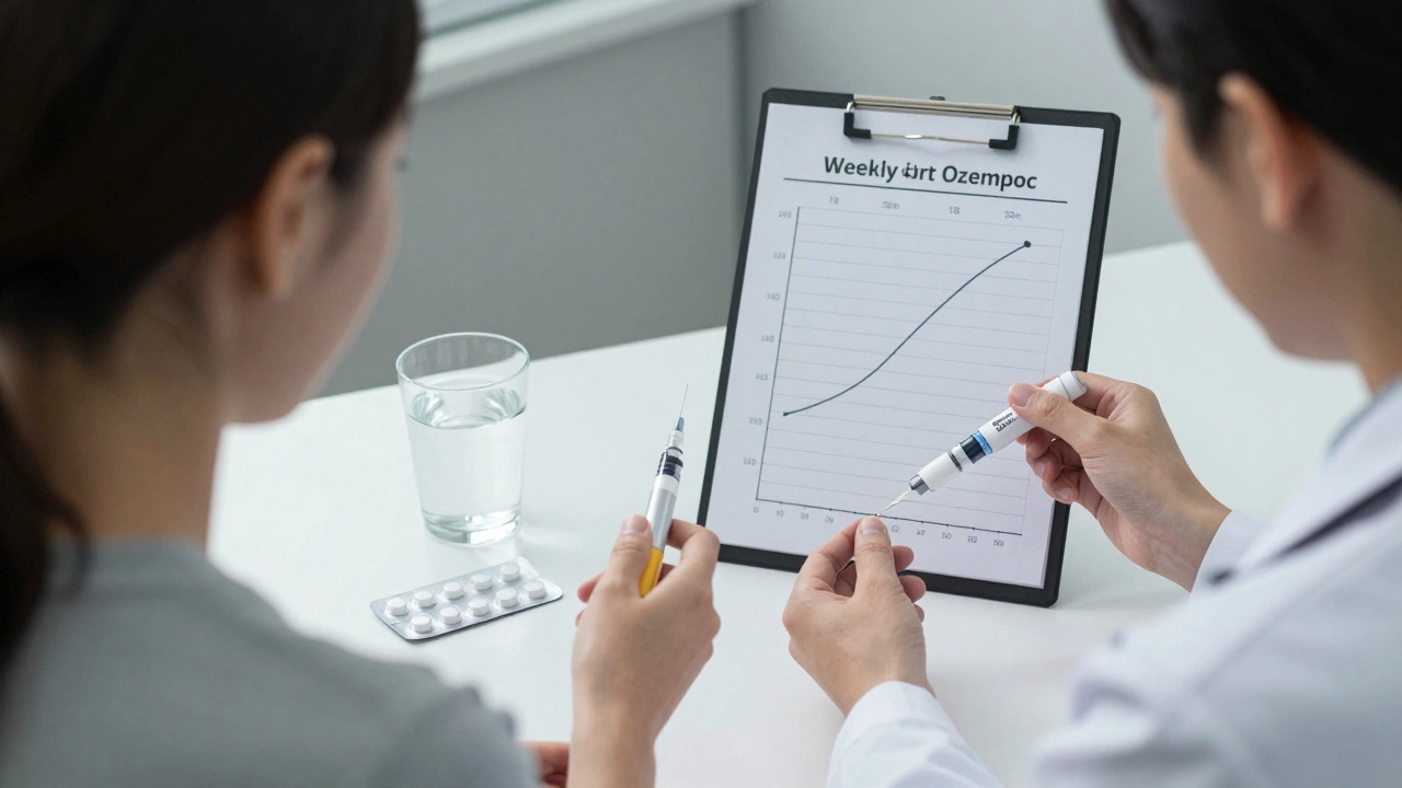 A patient and doctor discussing diabetes treatment options with metformin and Ozempic on the table.