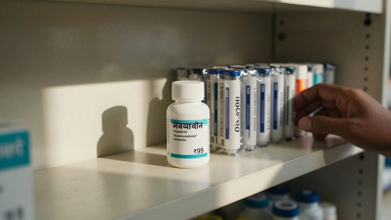 A pharmacy shelf in India showing affordable metformin versus expensive Ozempic pens.