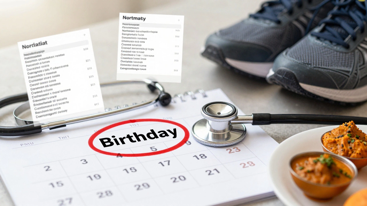 Calendar with birthday marked and stethoscope beside health reports and healthy food