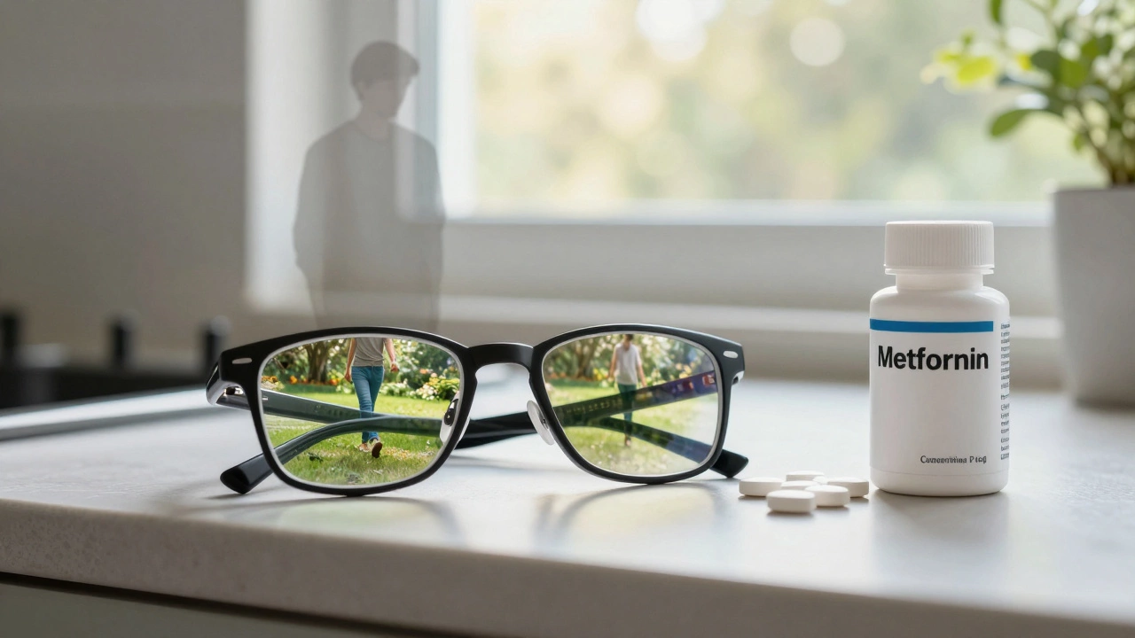 Eyeglasses reflecting a healthier life next to metformin pills, symbolizing metabolic clarity.