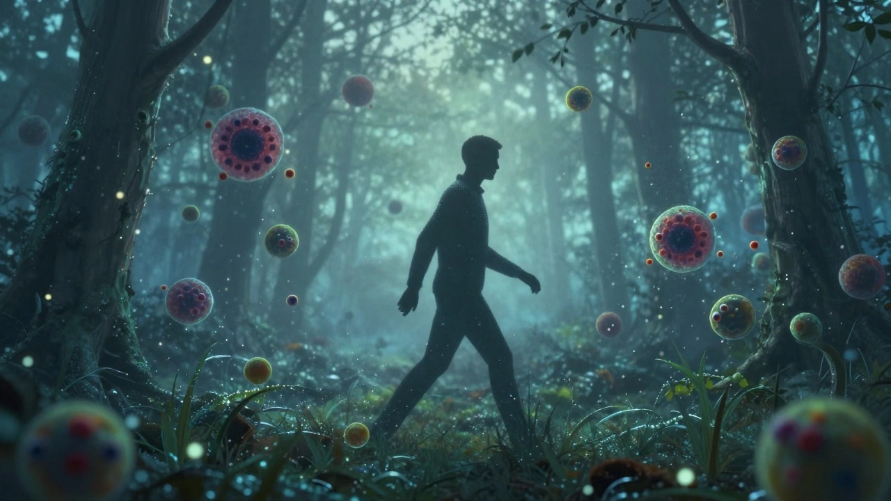 Person walking in a forest, with glowing cells and dissolving cancer clusters in the background.