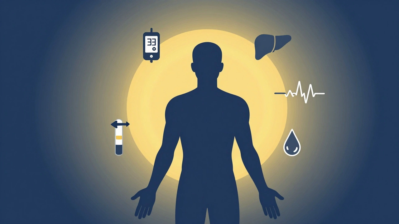 Silhouette of a human body with icons representing key health tests against a sunrise