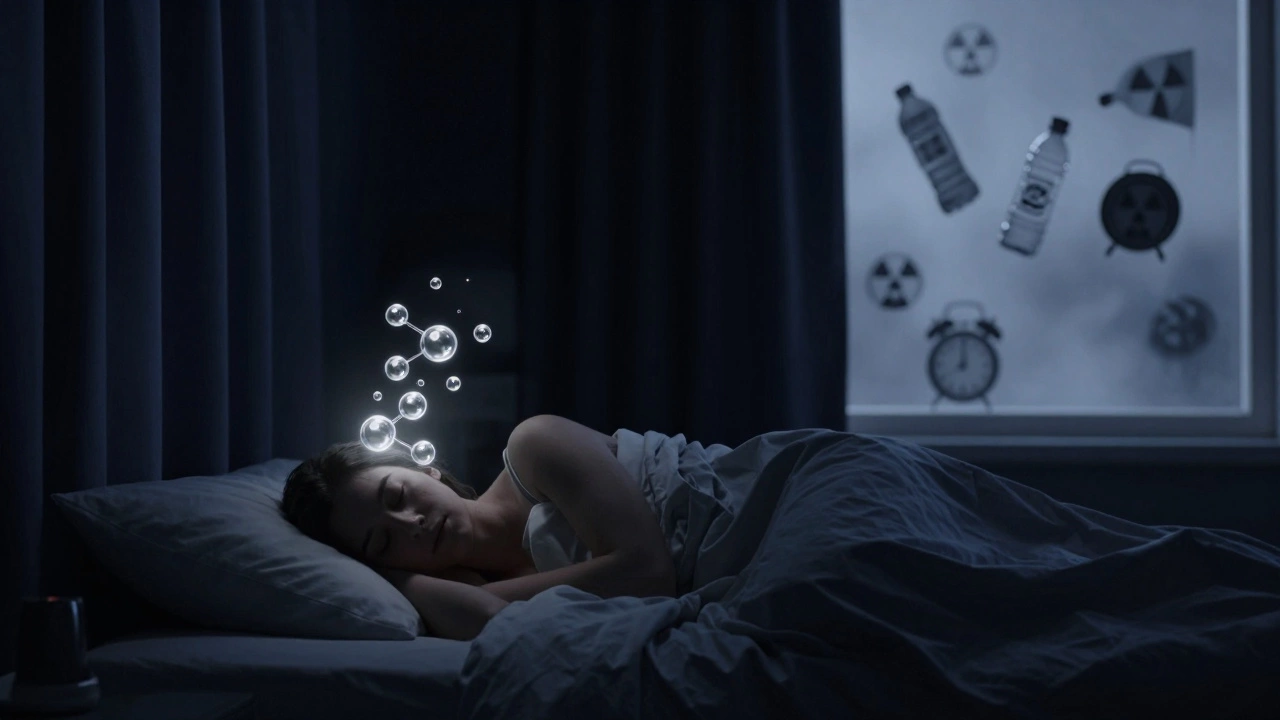 Sleeping person in a dark room, with melatonin light swirling above, toxins fading away.