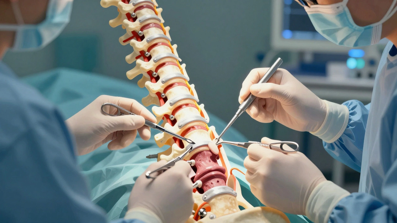 Spinal fusion surgery with rods, screws, and bone grafts under surgical lights