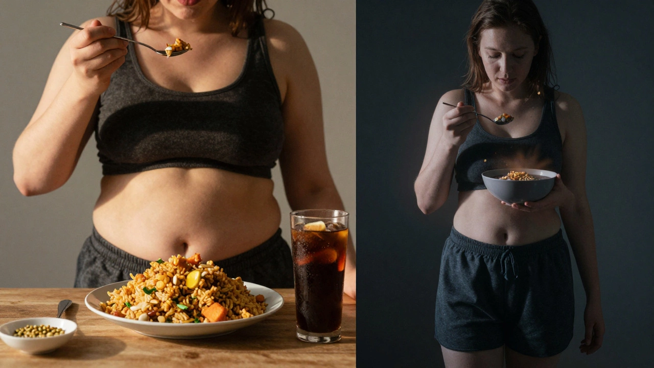 Split image showing unhealthy vs healthy eating habits alongside metformin use.