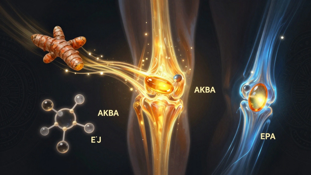 Three herbal extracts represented as glowing streams entering a knee joint with molecular structures visible.