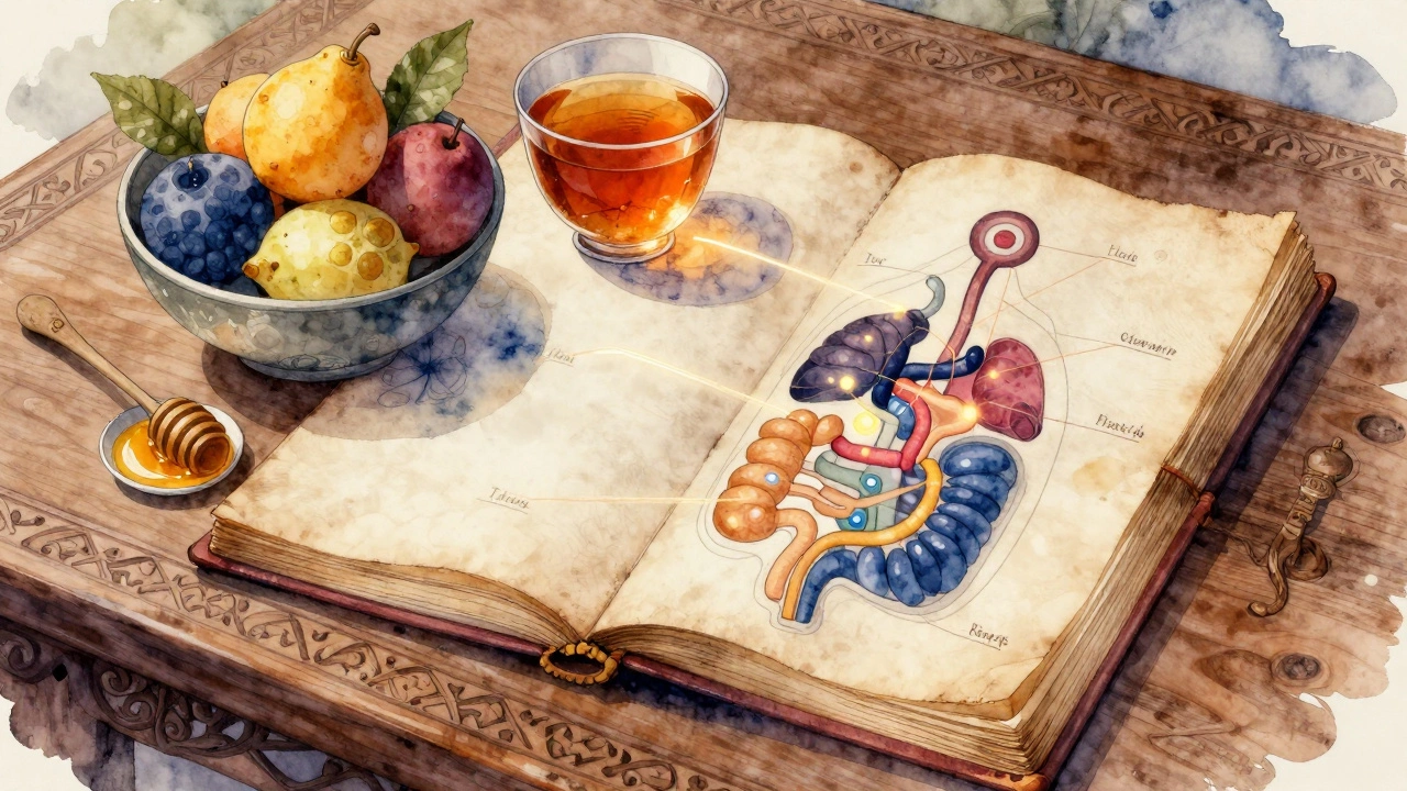 Ancient Ayurvedic manuscript with healing foods and glowing digestive pathways, symbolizing inner balance.