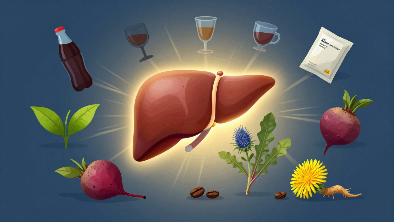 Healthy liver surrounded by beneficial plants and pushed away harmful drinks in surreal illustration