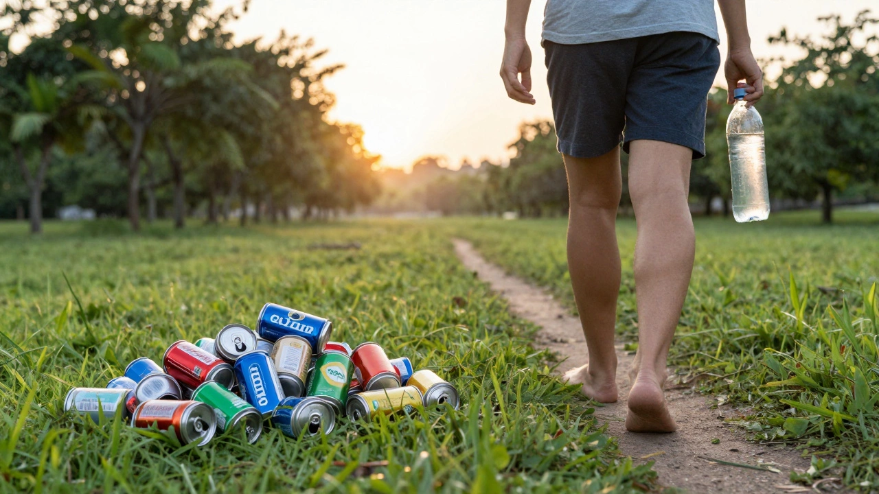 Person walking at dawn away from discarded detox teas and sugary drinks toward nature