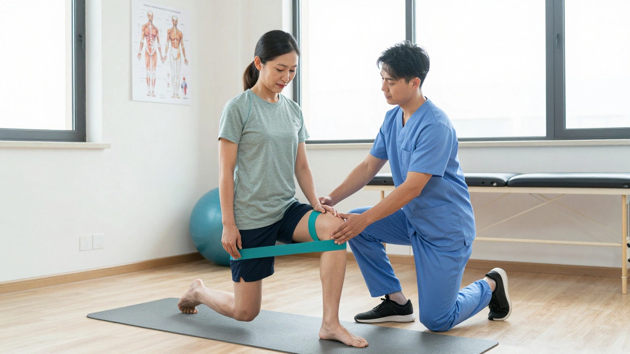 Physical therapist assisting a patient with knee strengthening exercises using resistance bands.