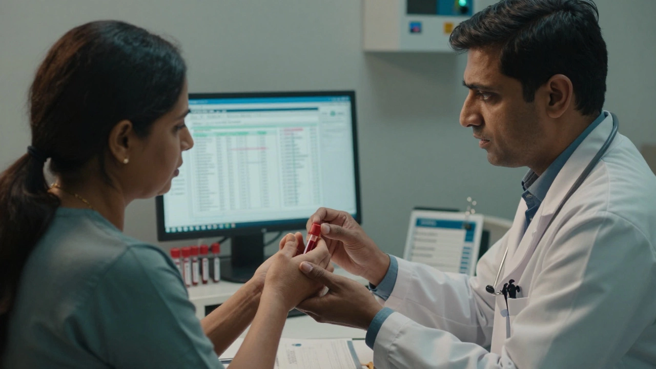 Rheumatologist consulting with a patient showing swollen wrists during a medical evaluation.
