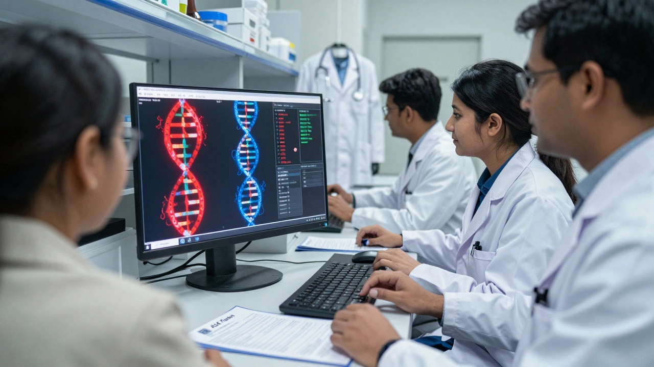 Scientists analyzing tumor DNA sequencing in a lab in India, using precision medicine to treat cancer.