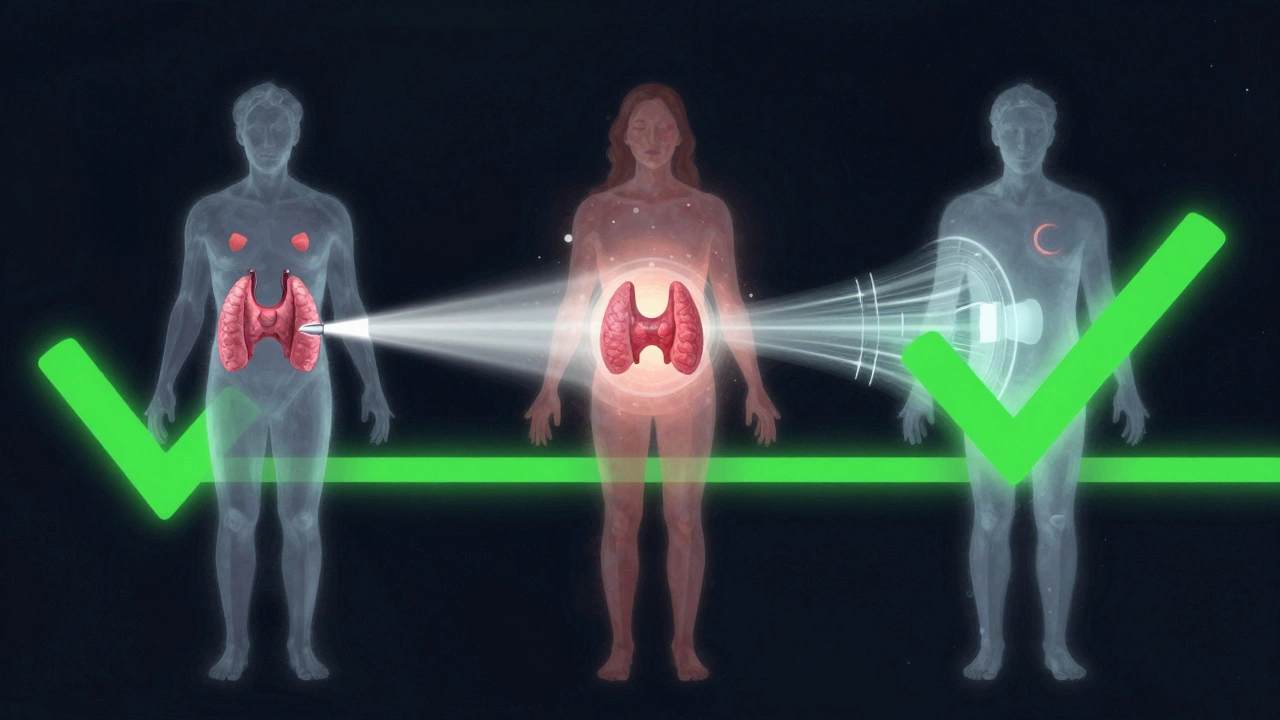 Three glowing cancer types being neutralized by medical treatments, symbolizing high cure rates.
