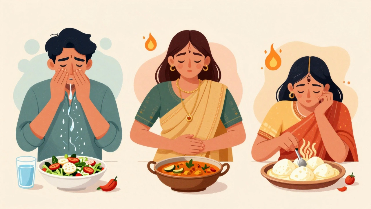 Three people reacting to foods that imbalance their Ayurvedic doshas, with healing alternatives nearby.