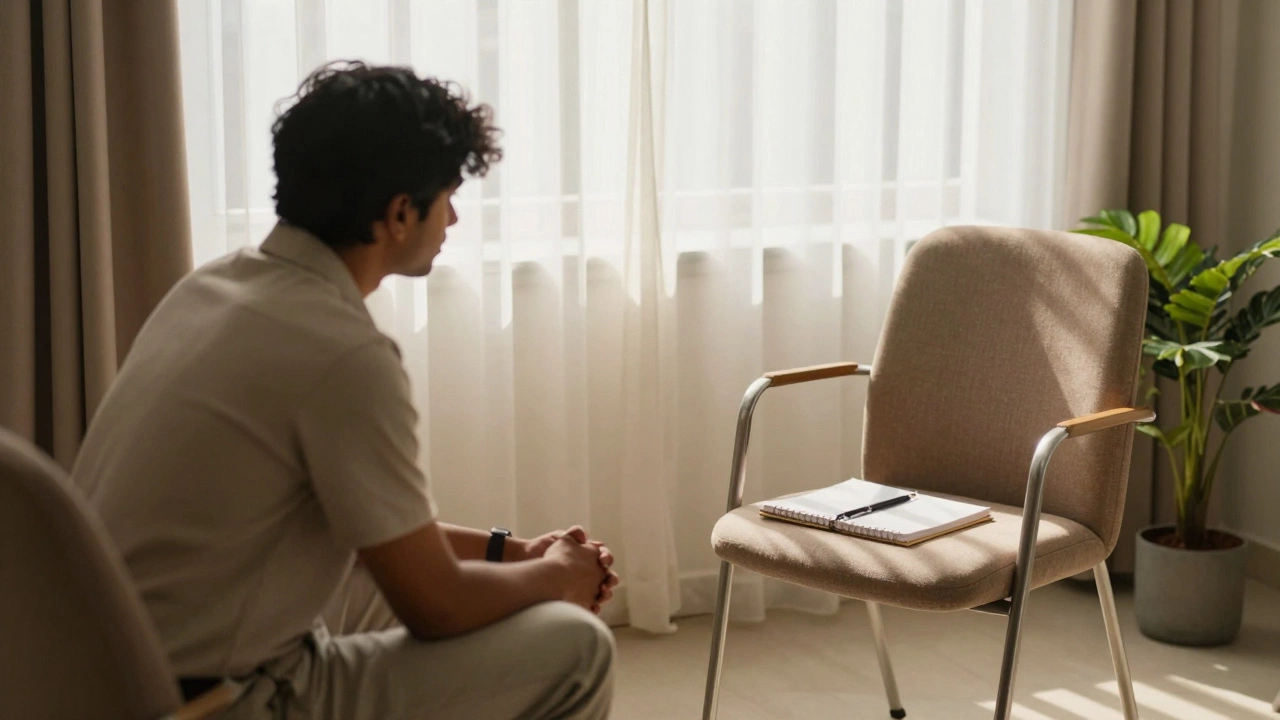 A calm therapy room with one chair occupied, sunlight streaming in, offering quiet hope.