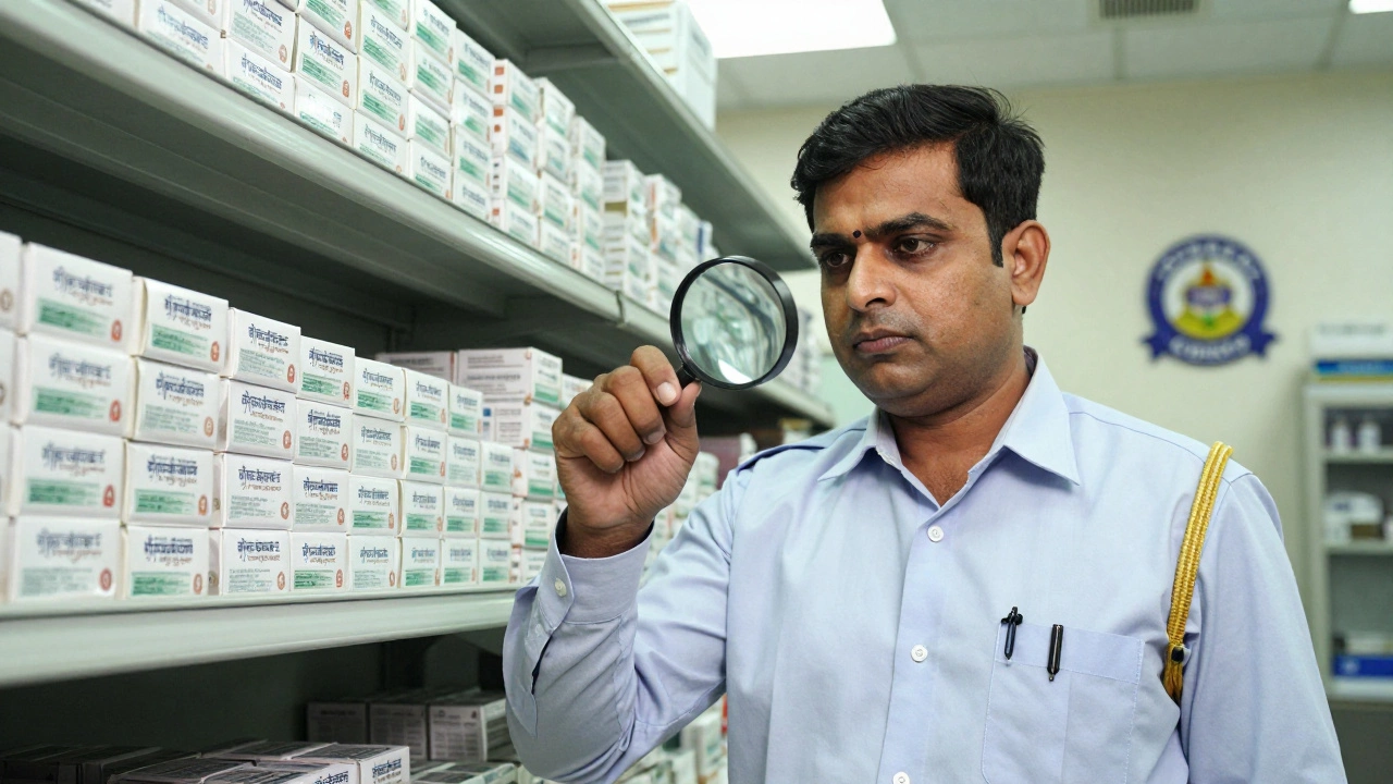 A government inspector examining counterfeit medicine pills in a lab with seized stock in the background.