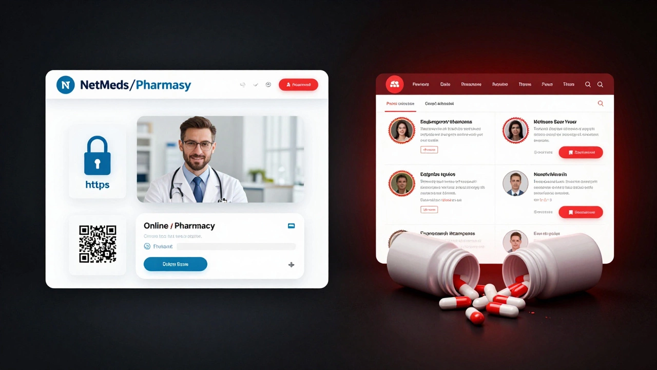 A split image showing a legitimate online pharmacy on one side and counterfeit drugs on the other.