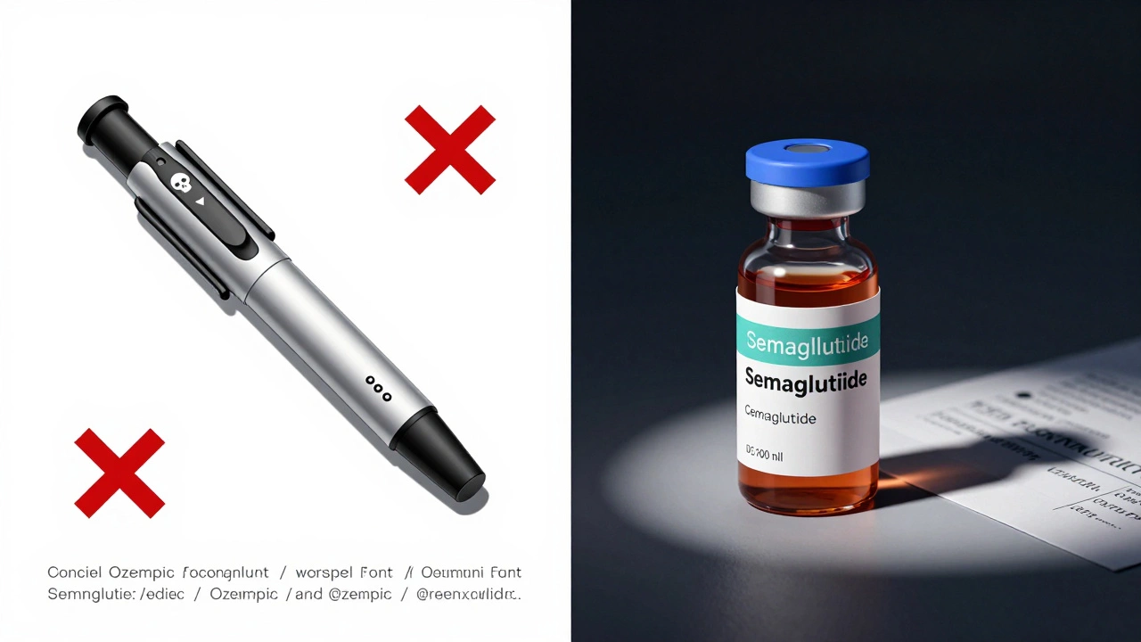 Contrast between counterfeit Ozempic pen and legitimate compounded version with pharmacy label.