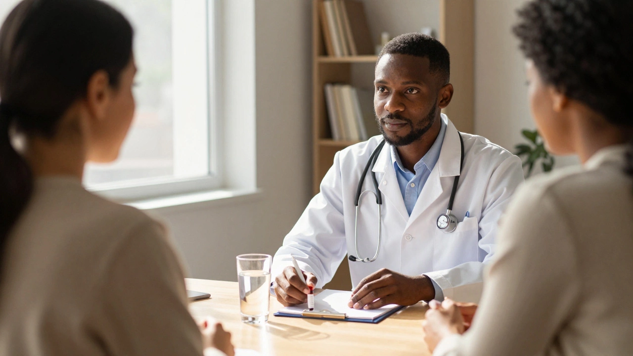Doctor and patient consulting over health records and water