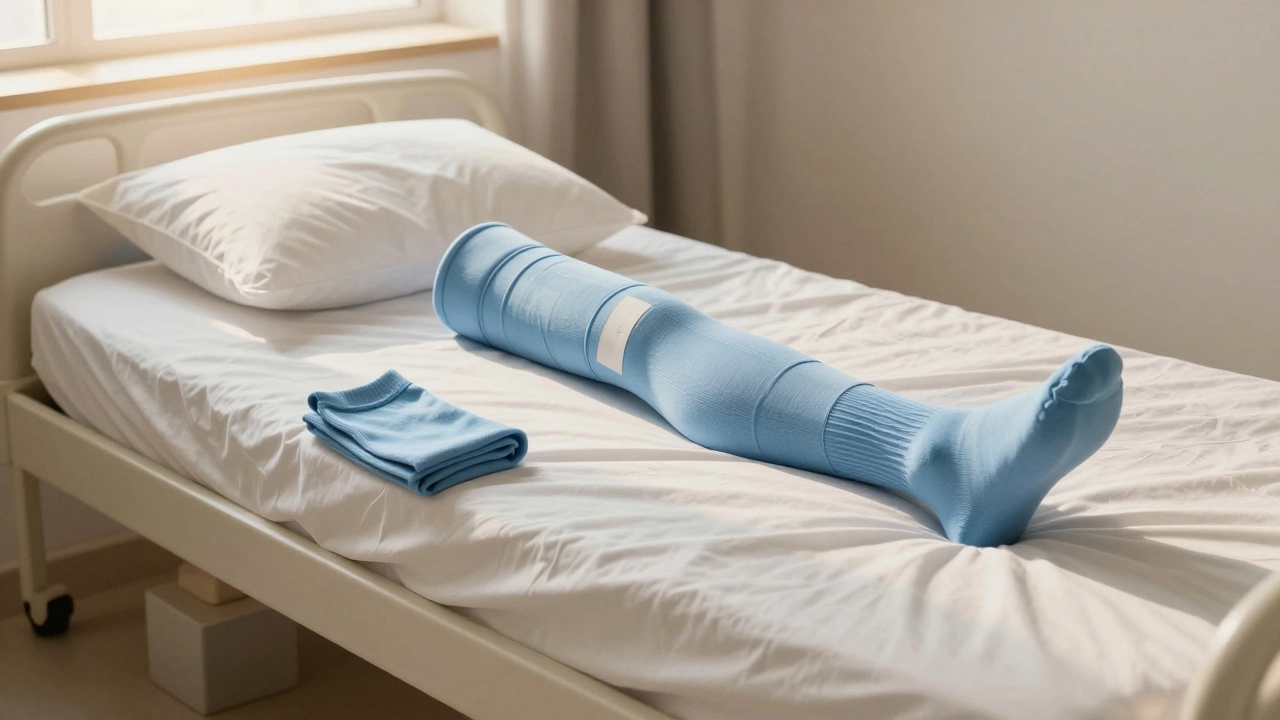 Elevated bed with leg raised above heart level, compression stocking nearby, symbolizing recovery and improved circulation after knee replacement.