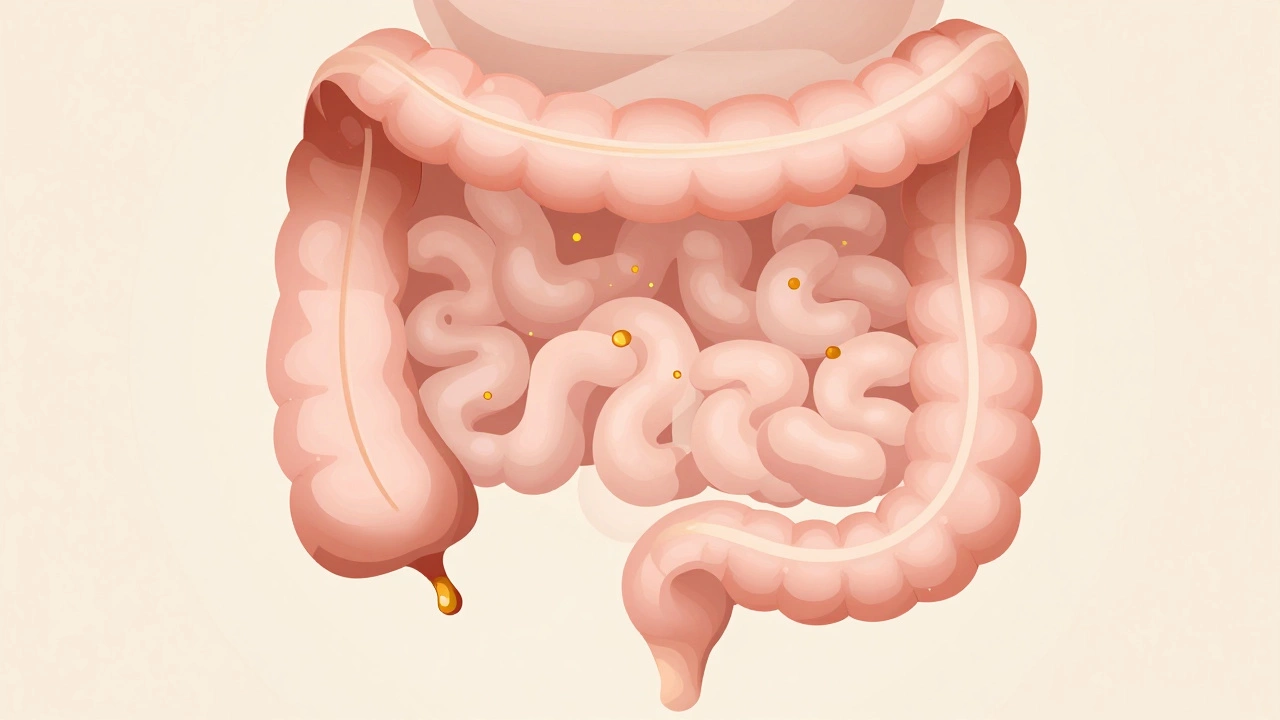 Illustration of intestines showing nutrient absorption process