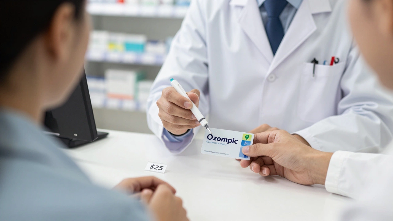 Pharmacist giving semaglutide pen to patient at pharmacy counter with  price tag visible.