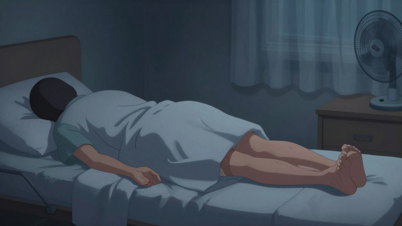 Side-sleeping person with pillow between knees, operated leg aligned and supported comfortably after knee surgery.